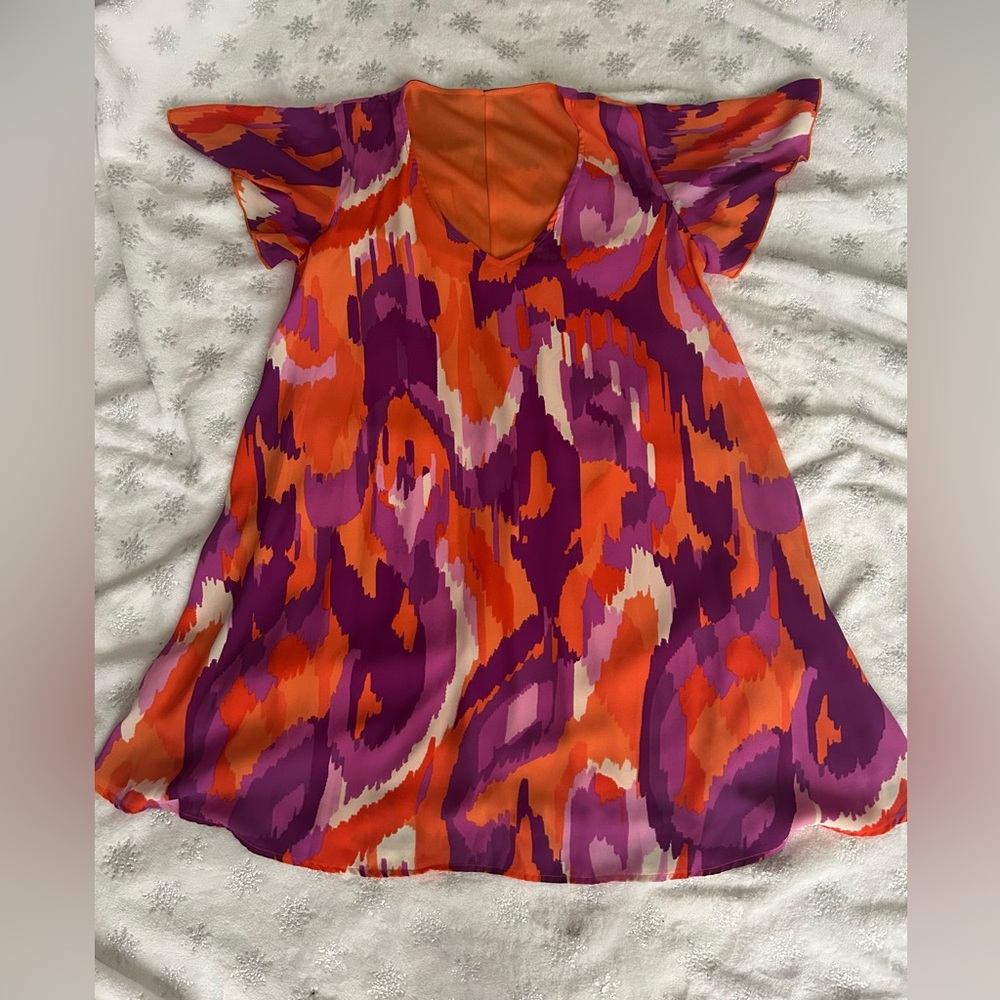 Adrienne Orange and Purple Abstract Flutter Sleeve Mini Dress